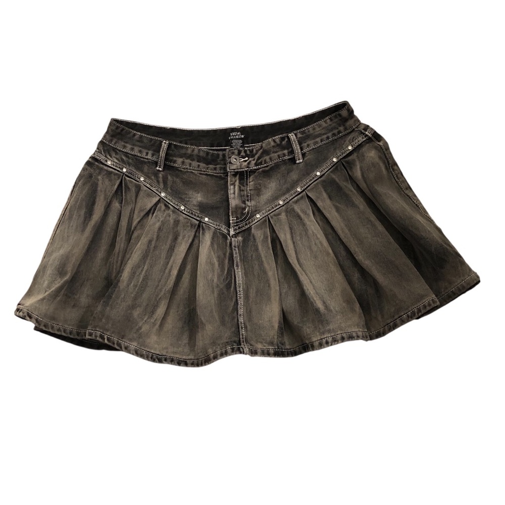 Y2K Denim Mini Skirt with Pleats Washed Black with Multiple Rhinestones Size L